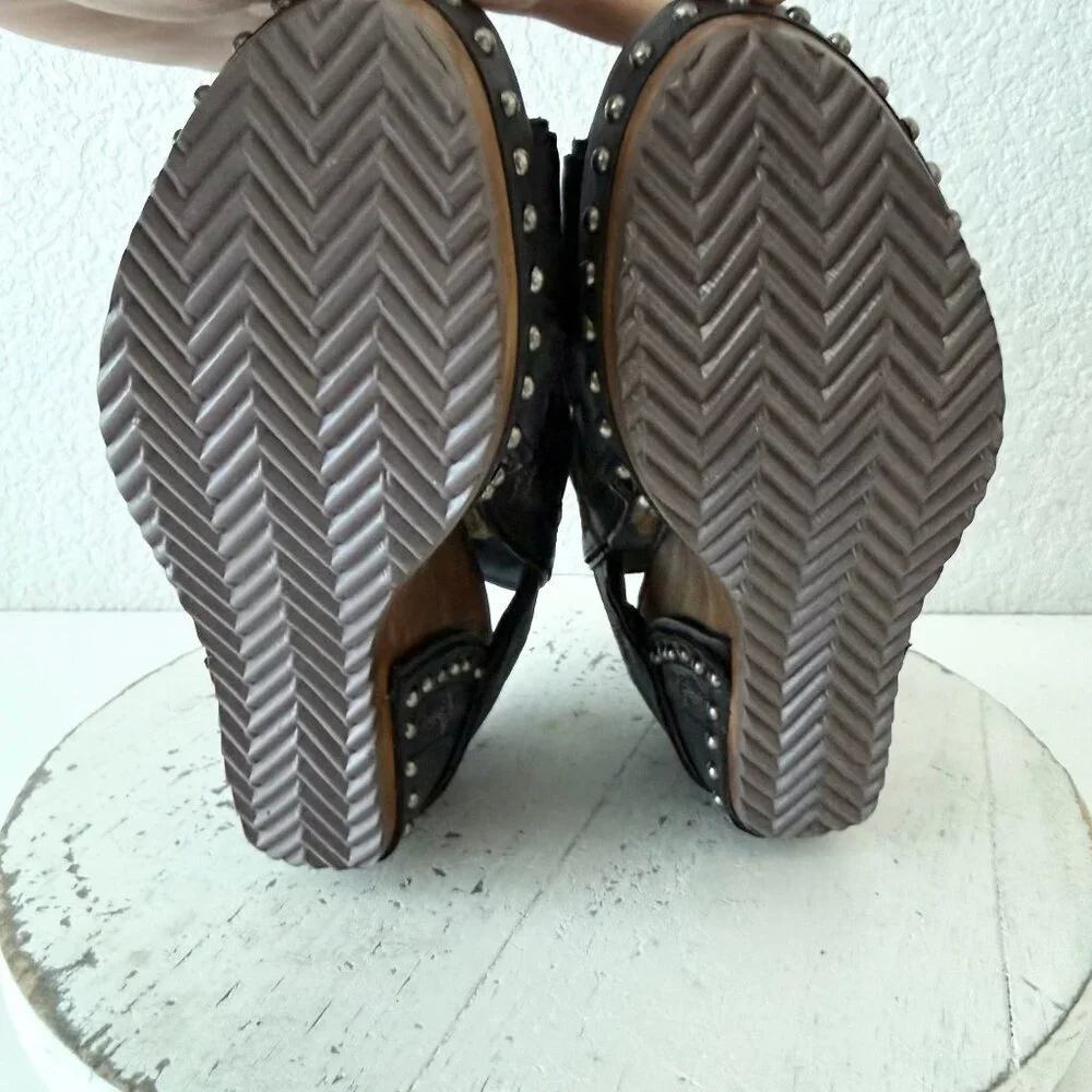 Lane Lexington Jet Black Leather Western Wedge Sandals Wood Heel Womens 7 - Picture 9 of 11